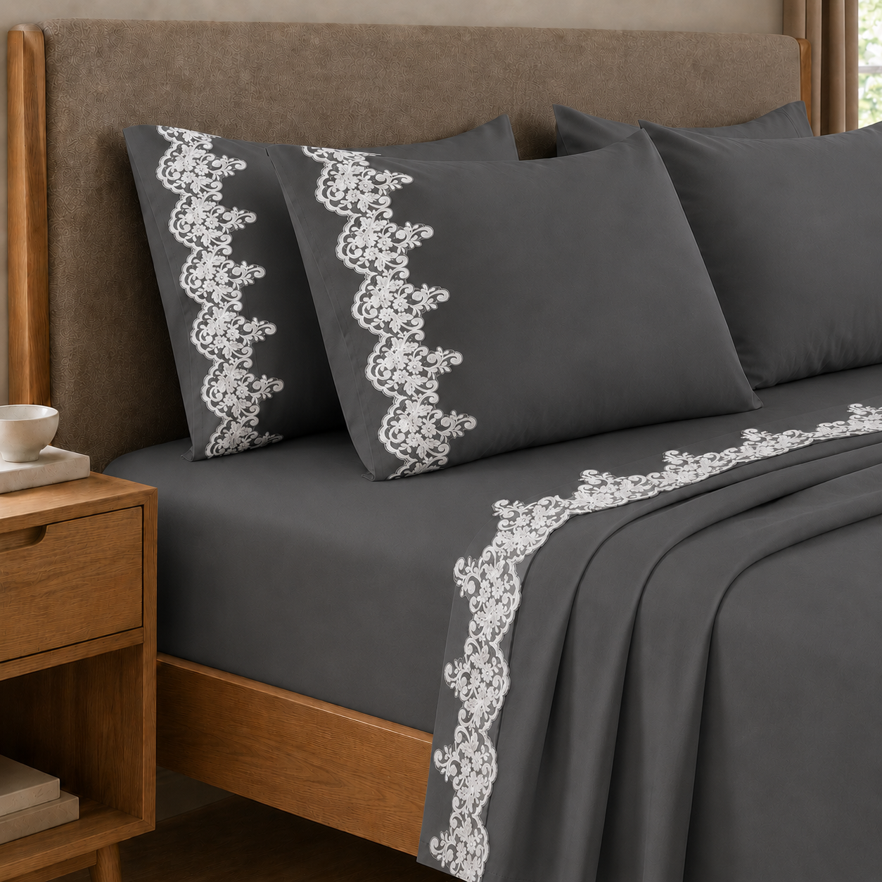 Lenzuola Percalle con Pizzo, Lenzuola Matrimoniali Cotone Grigio Fumo