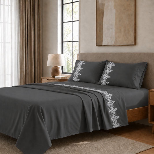 Lenzuola Percalle con Pizzo, Lenzuola Matrimoniali Cotone Grigio Fumo