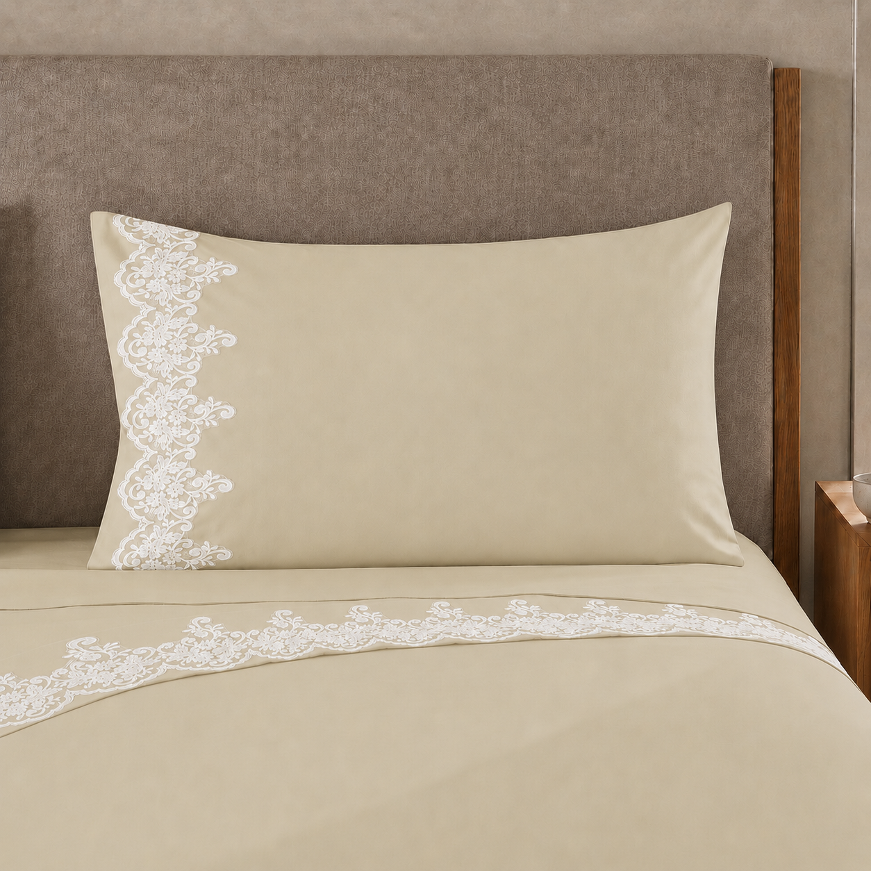 Lenzuola Percalle con Pizzo, Lenzuola Matrimoniali Cotone Beige