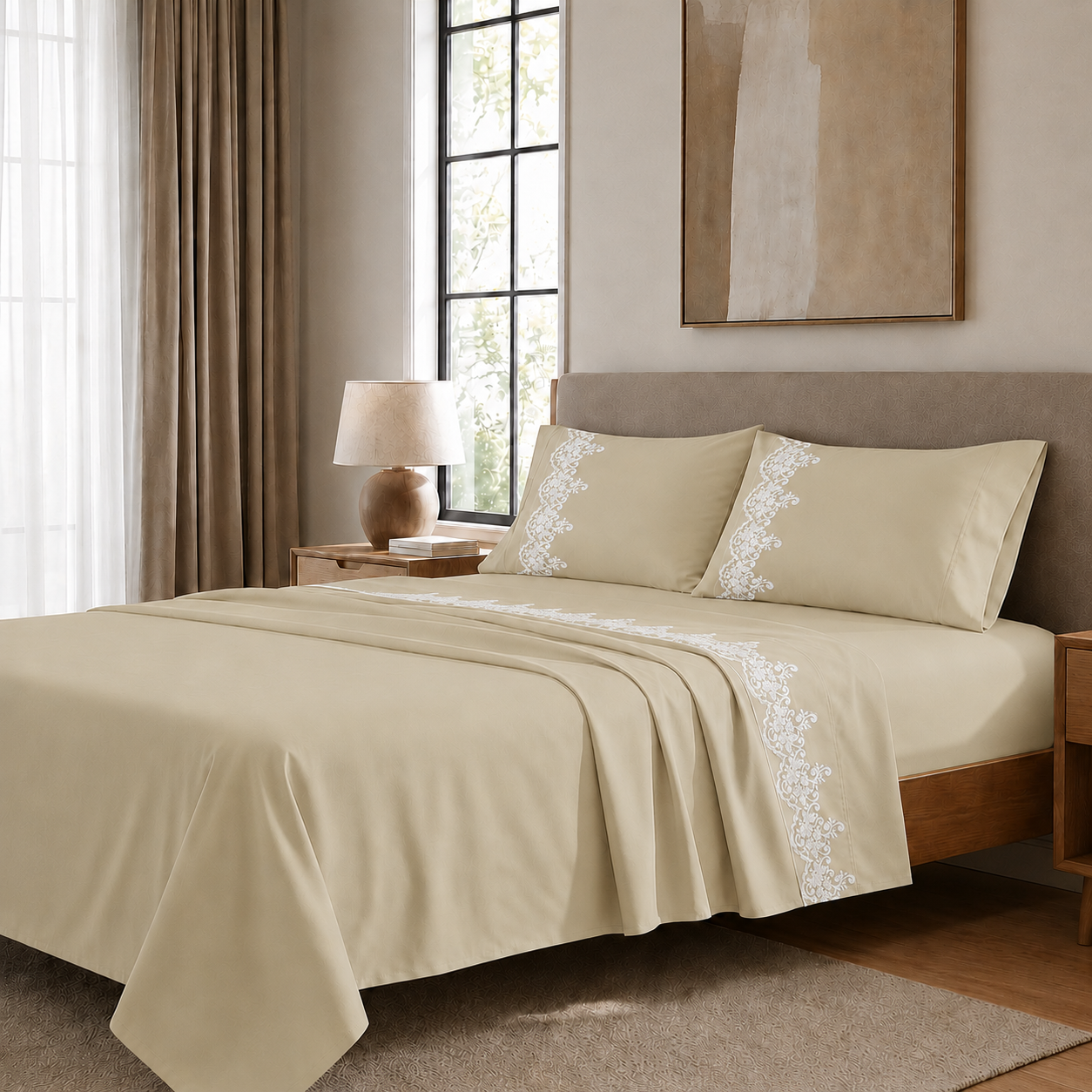 Lenzuola Percalle con Pizzo, Lenzuola Matrimoniali Cotone Beige