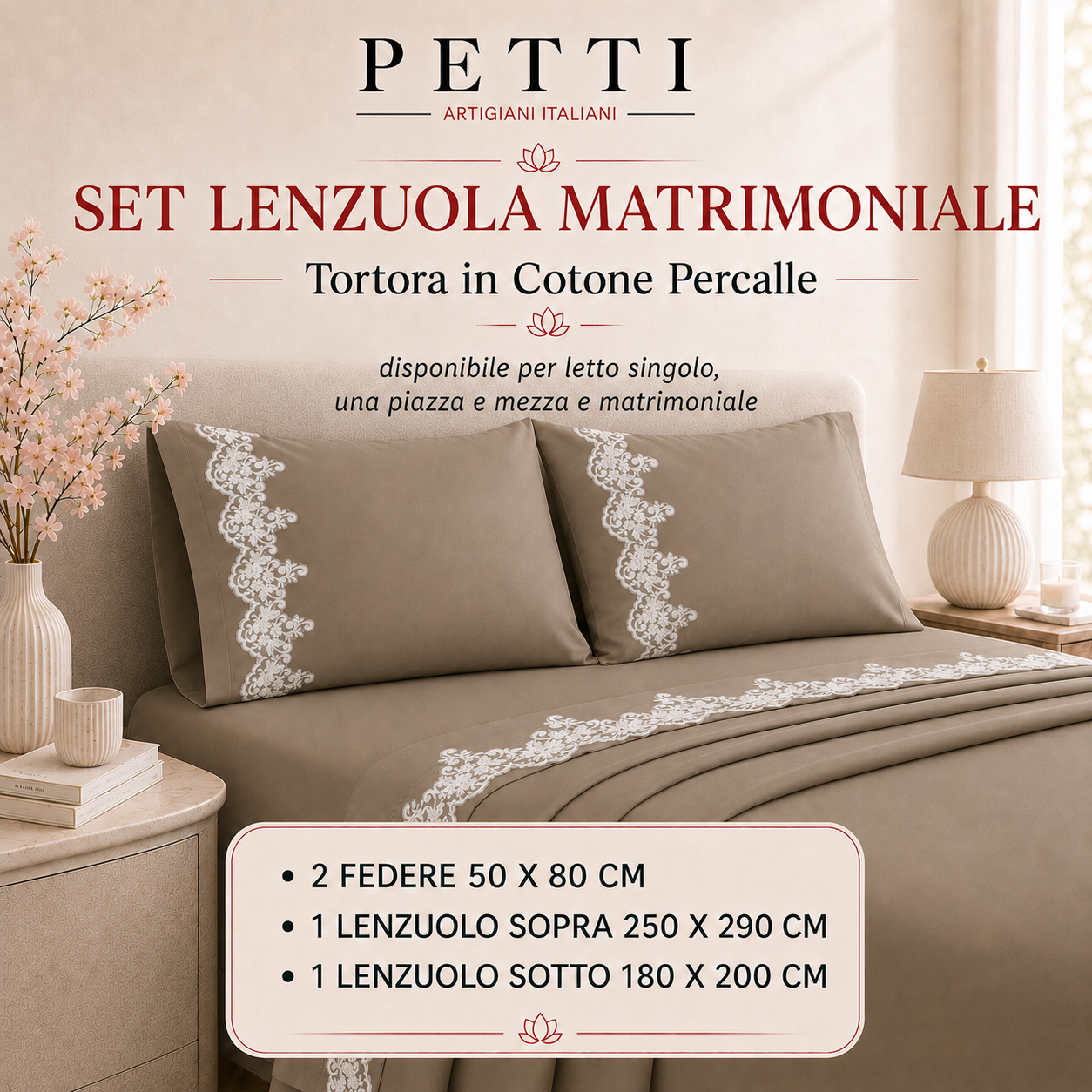 Draps Percale avec Dentelle, Draps Double en Coton Bordeaux