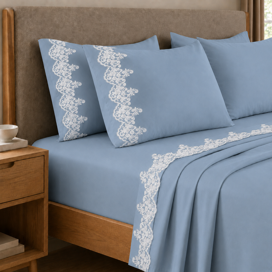 Lenzuola Percalle con Pizzo, Lenzuola Matrimoniali Cotone Azzurro