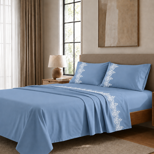 Lenzuola Percalle con Pizzo, Lenzuola Matrimoniali Cotone Azzurro