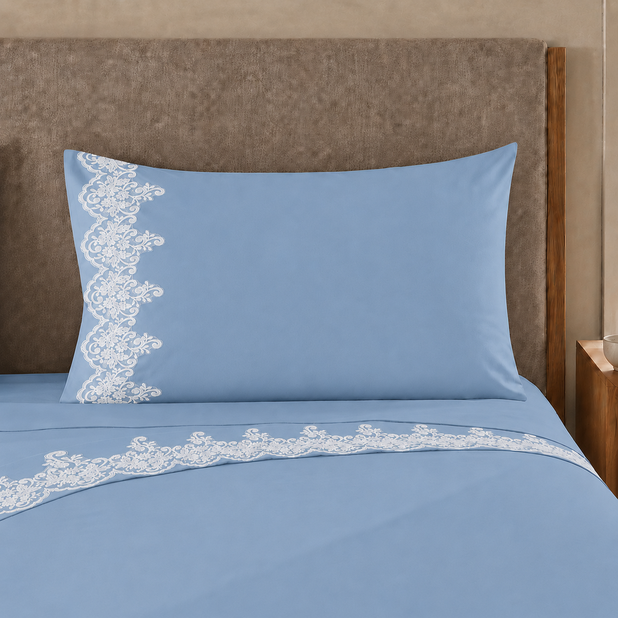 Draps percale avec dentelle, Draps doubles en coton bleu ciel