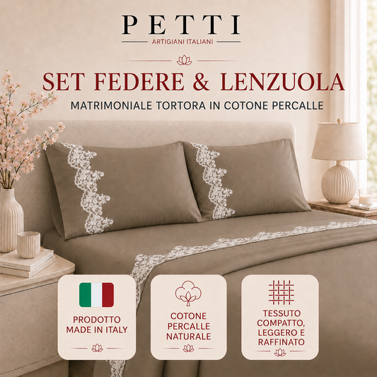 Lenzuola Percalle con Pizzo, Lenzuola Matrimoniali Cotone Tortora