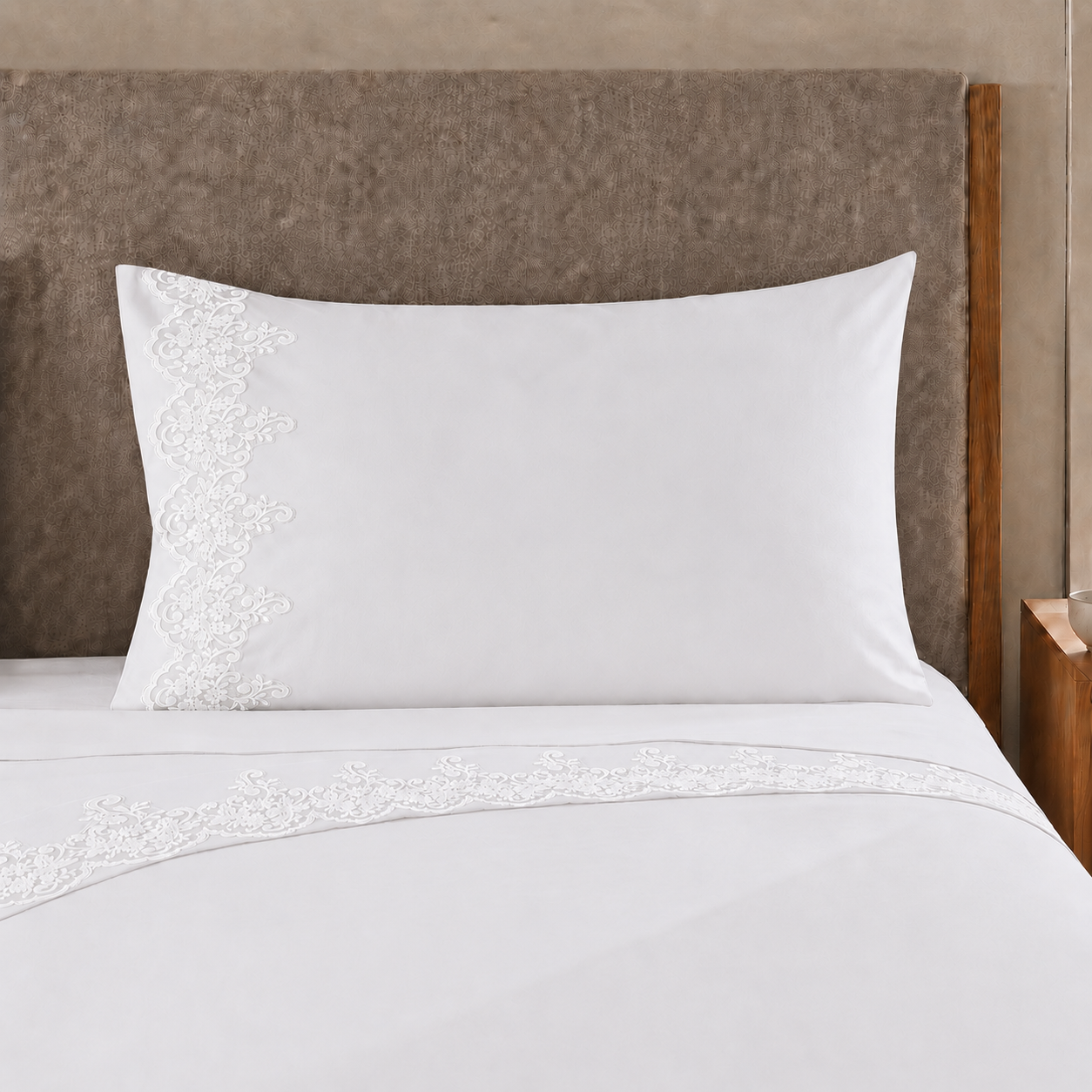 Draps percale avec dentelle, Draps doubles en coton blanc