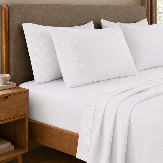 Percale Sheets with Lace, White Cotton Double Sheets