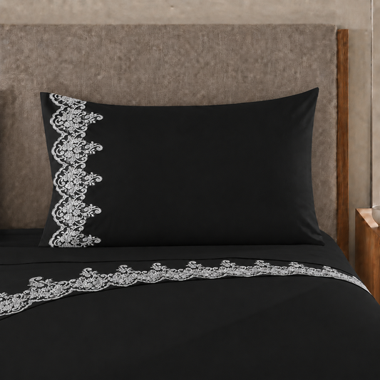 Percale Sheets with Lace, Black Cotton Double Sheets