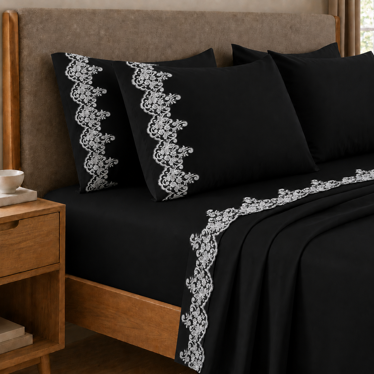 Draps percale avec dentelle, Draps doubles en coton noir