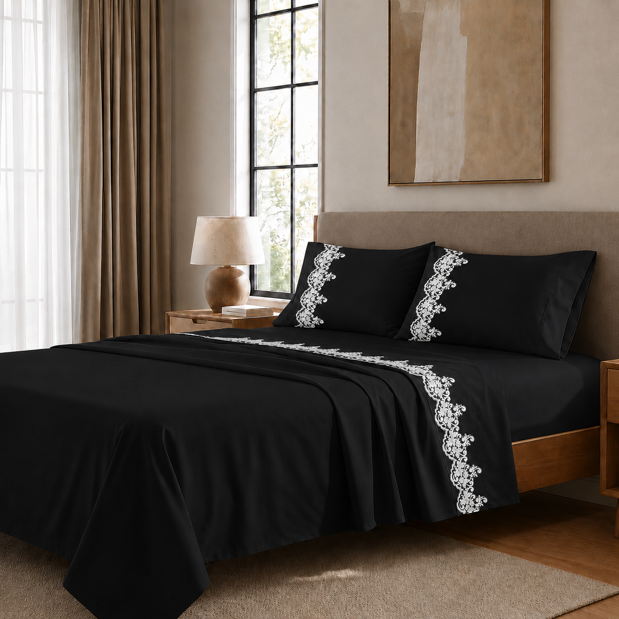 Draps percale avec dentelle, Draps doubles en coton noir