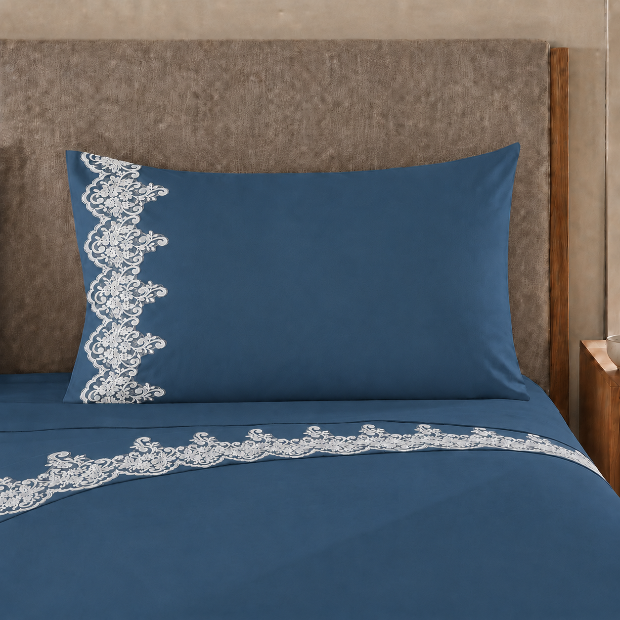 Lenzuola Percalle con Pizzo, Lenzuola Matrimoniali Cotone Blu Marino