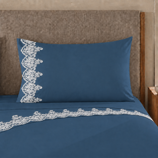 Percale Sheets with Lace, Navy Blue Cotton Double Sheets