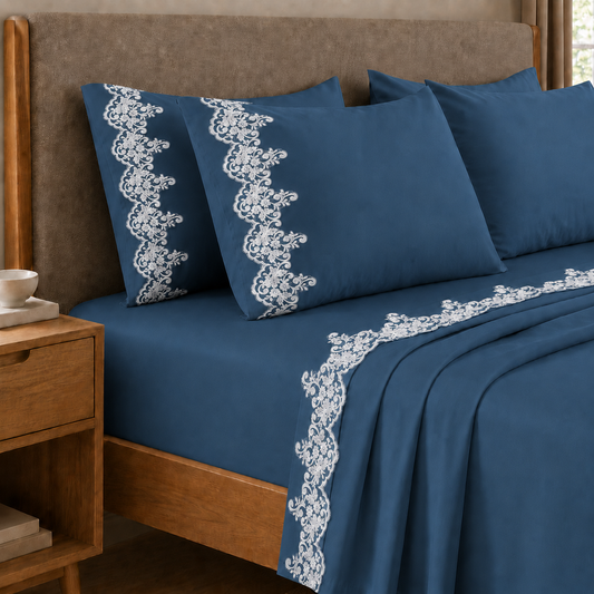 Percale Sheets with Lace, Navy Blue Cotton Double Sheets
