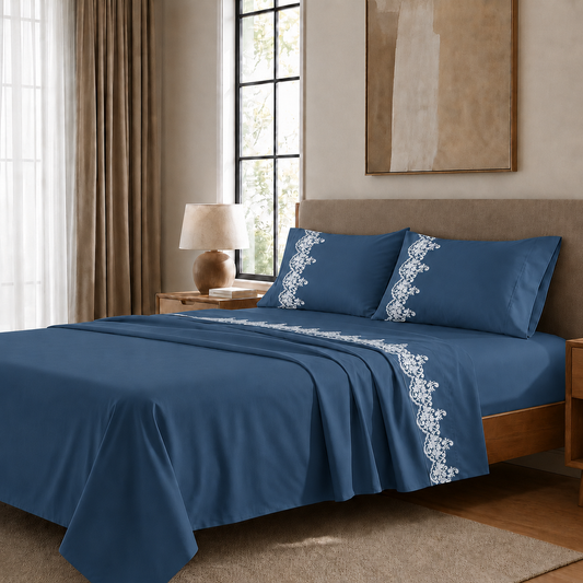Percale Sheets with Lace, Navy Blue Cotton Double Sheets