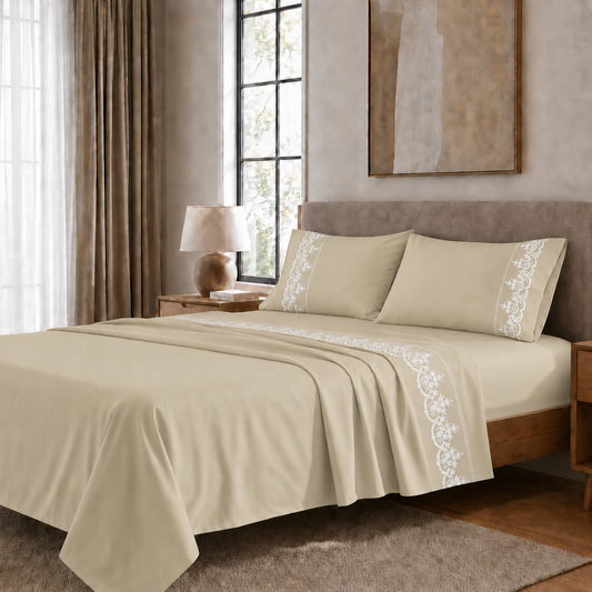Lenzuola Matrimoniali in Puro Cotone Percalle con Balza in Pizzo Rebrode Beige