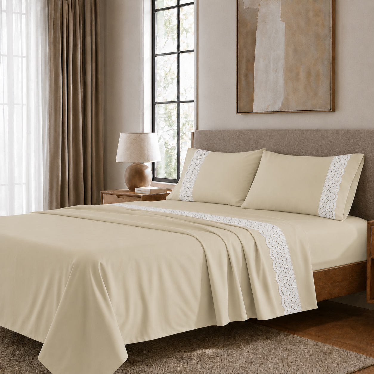 Lenzuola Matrimoniali in Puro Cotone Percalle con Balza in Pizzo San Gallo Beige