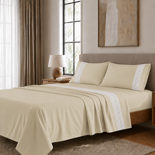 Lenzuola Matrimoniali in Puro Cotone Percalle con Balza in Pizzo San Gallo Beige
