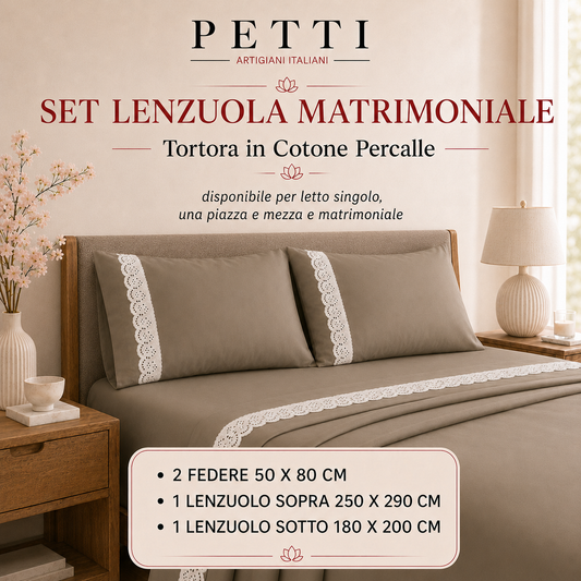 Lenzuola Matrimoniali in Puro Cotone Percalle con Balza in Pizzo San Gallo Celeste