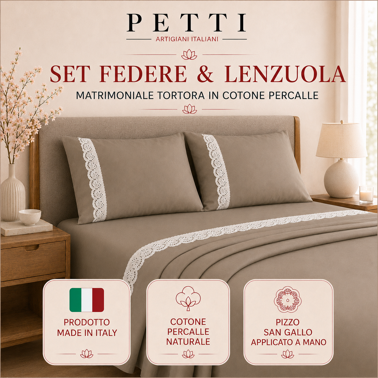 Lenzuola Matrimoniali in Puro Cotone Percalle con Balza in Pizzo San Gallo Beige
