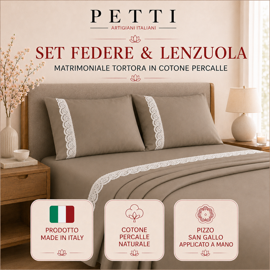 Lenzuola Matrimoniali in Puro Cotone Percalle con Balza in Pizzo San Gallo Cipria