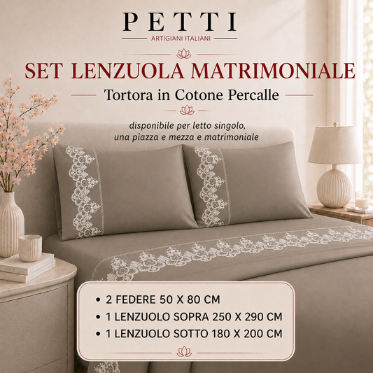 Lenzuola Matrimoniali in Puro Cotone Percalle con Balza in Pizzo Rebrode Tortora