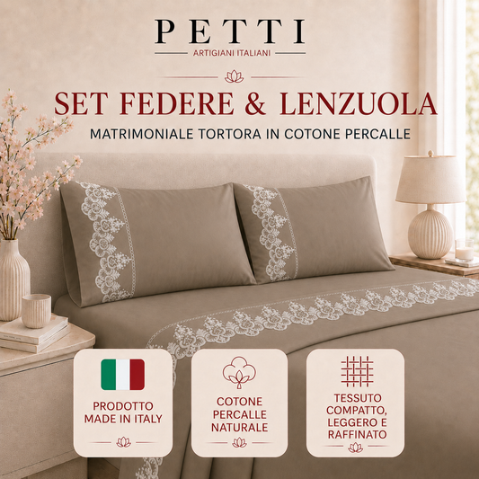 Lenzuola Matrimoniali in Puro Cotone Percalle con Balza in Pizzo Rebrode Tortora