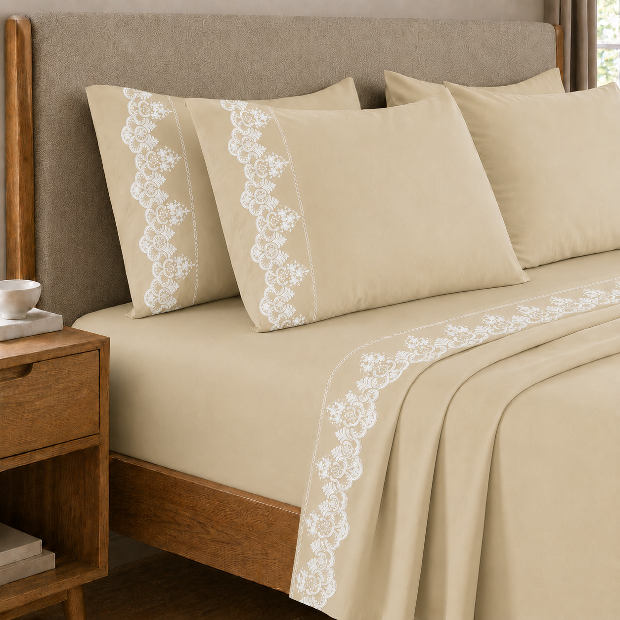 Lenzuola Matrimoniali in Puro Cotone Percalle con Balza in Pizzo Rebrode Beige