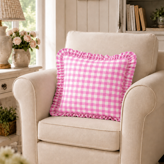 Cuscino Arredo con Rouches A Quadretti Fucsia