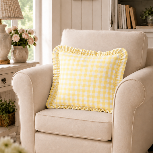 Cuscino Arredo con Rouches A Quadretti Giallo