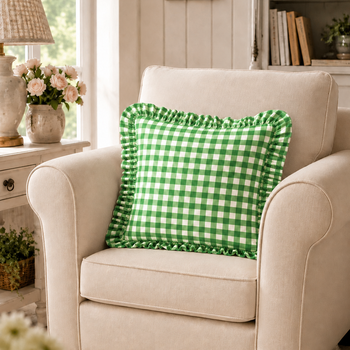 Cuscino Arredo con Rouches A Quadretti Verde