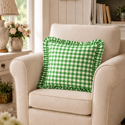Cuscino Arredo con Rouches A Quadretti Verde