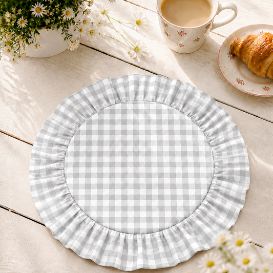 Tovagliette Americane Rotonde con Rouches A Quadretti Grigio Chiaro