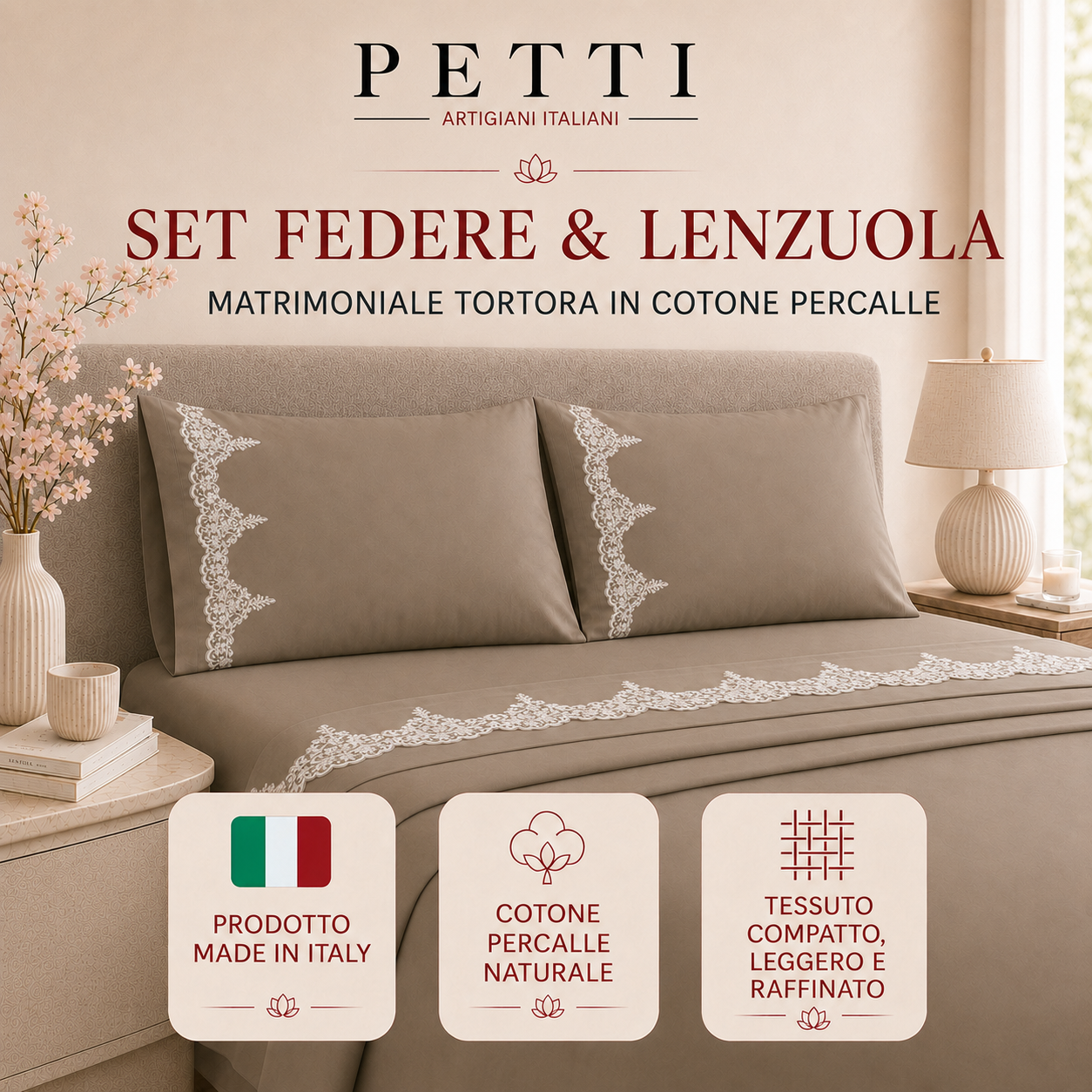 Lenzuola Matrimoniali in Puro Cotone Percalle con Balza in Pizzo Chantilly Ottanio