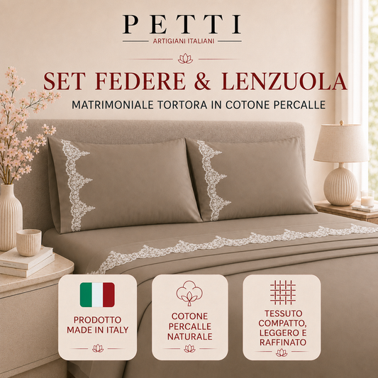 Lenzuola Matrimoniali in Puro Cotone Percalle con Balza in Pizzo Chantilly Cipria