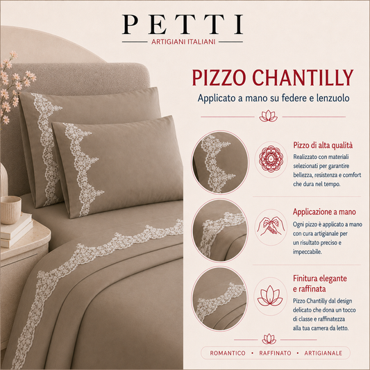 Lenzuola Matrimoniali in Puro Cotone Percalle con Balza in Pizzo Chantilly Cipria