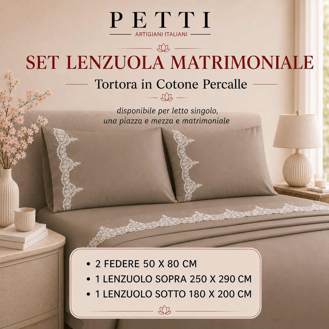 Lenzuola Matrimoniali in Puro Cotone Percalle con Balza in Pizzo Chantilly Rosa