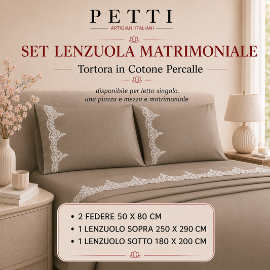 Lenzuola Matrimoniali in Puro Cotone Percalle con Balza in Pizzo Chantilly Celeste