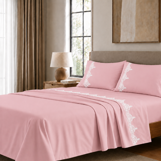 Lenzuola Matrimoniali in Puro Cotone Percalle con Balza in Pizzo Chantilly Rosa