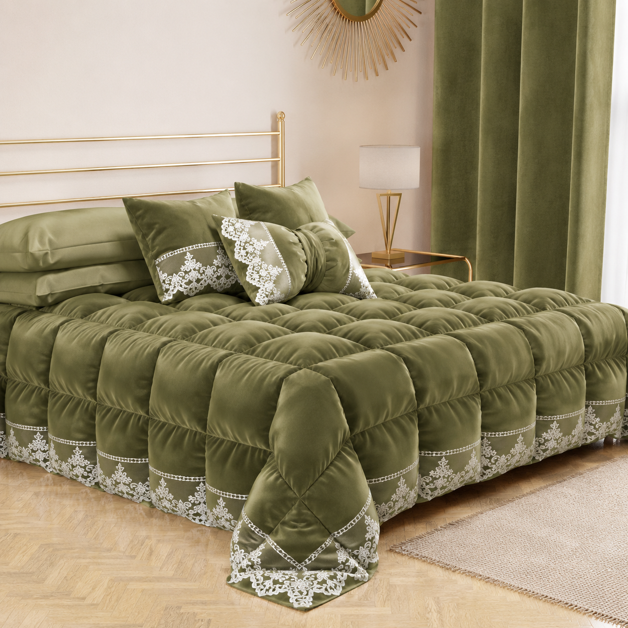 Cuscini Arredo in Velluto e Balza con Pizzo Rebrodè 2pz, Cuscini divano Verde Oliva By Sissy