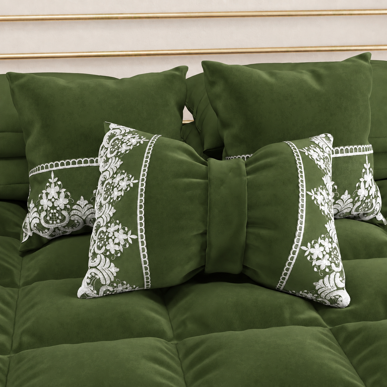 Cuscini Arredo in Velluto e Balza con Pizzo Rebrodè 2pz, Cuscini divano Verde Oliva By Sissy