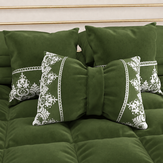 Cuscini Arredo in Velluto e Balza con Pizzo Rebrodè 2pz, Cuscini divano Verde Oliva By Sissy