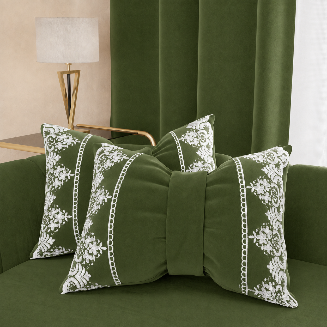 Cuscino Arredo Fiocco in Velluto e Balza con Pizzo Rebrodè 40x50 cm, Cuscino divano Verde Oliva By Sissy