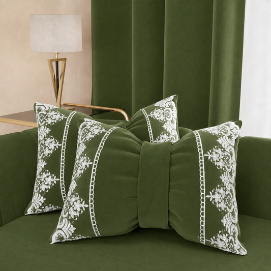Cuscino Arredo Fiocco in Velluto e Balza con Pizzo Rebrodè 40x50 cm, Cuscino divano Verde Oliva By Sissy