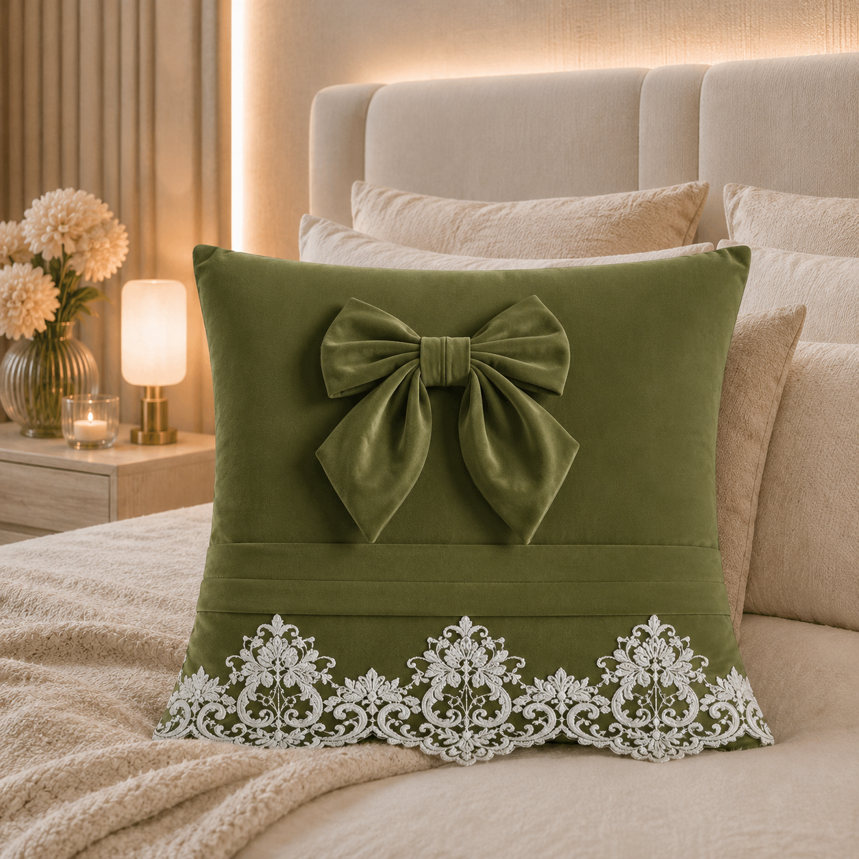 Cuscini Arredo in Velluto 2pz, Cuscini divano Bijou Verde Oliva.