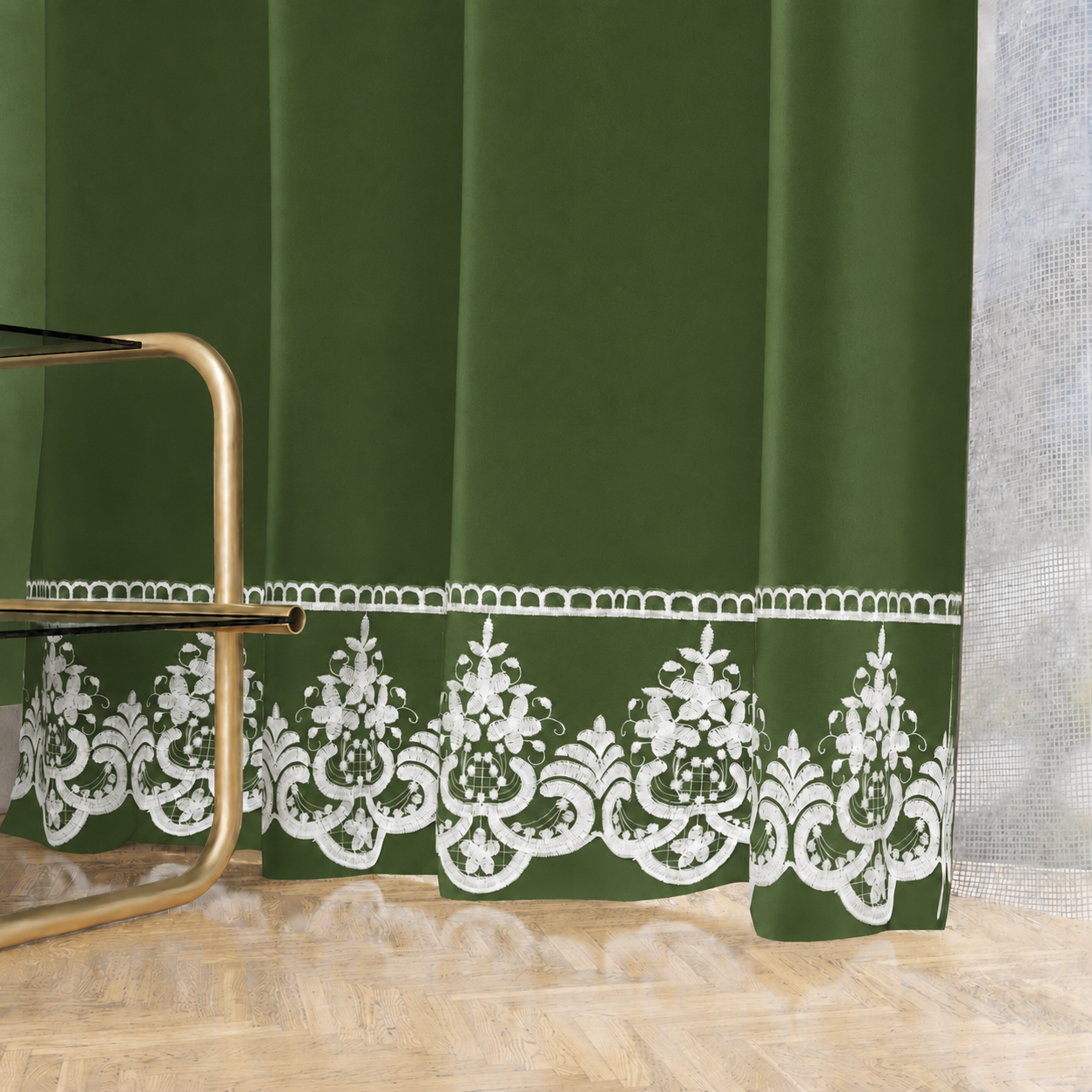 Tenda a Pannello in Velluto per Interni con Anelli e Pizzo Rebrodè, 140x280 cm, Verde Oliva.