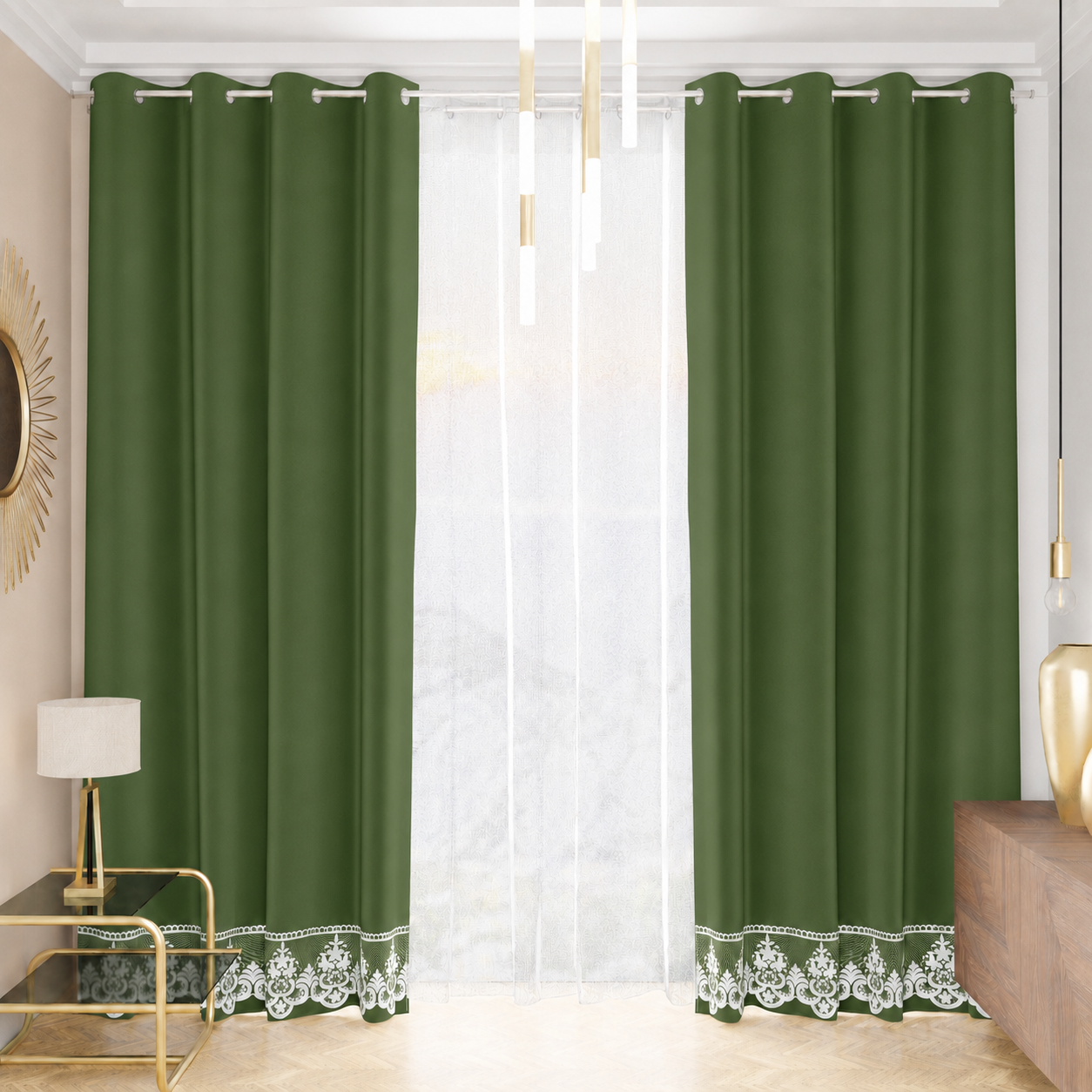 Tenda a Pannello in Velluto per Interni con Anelli e Pizzo Rebrodè, 140x280 cm, Verde Oliva.