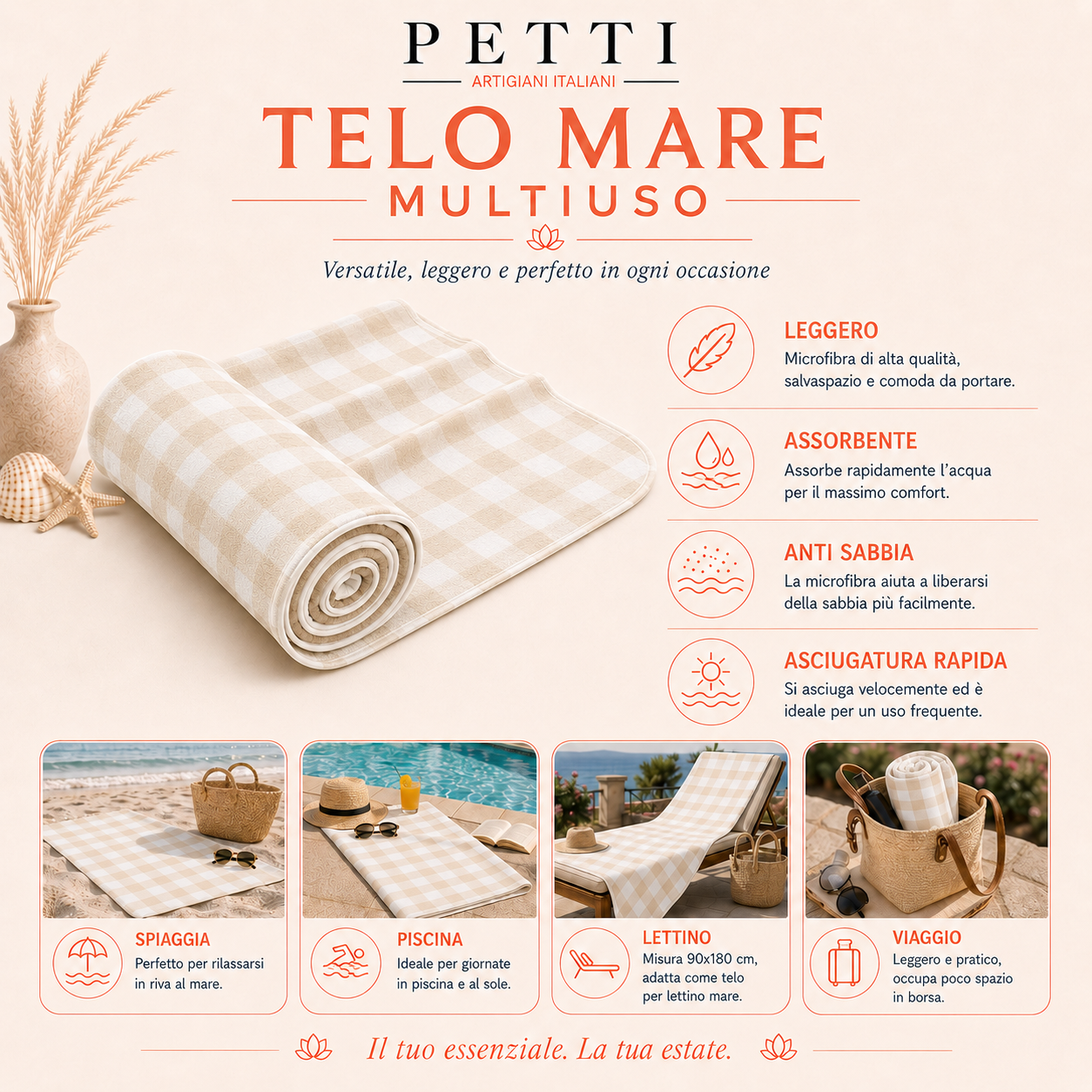 Telo Mare Microfibra, Asciugamano Mare, Telo per Lettino A Quadretti Tiffany