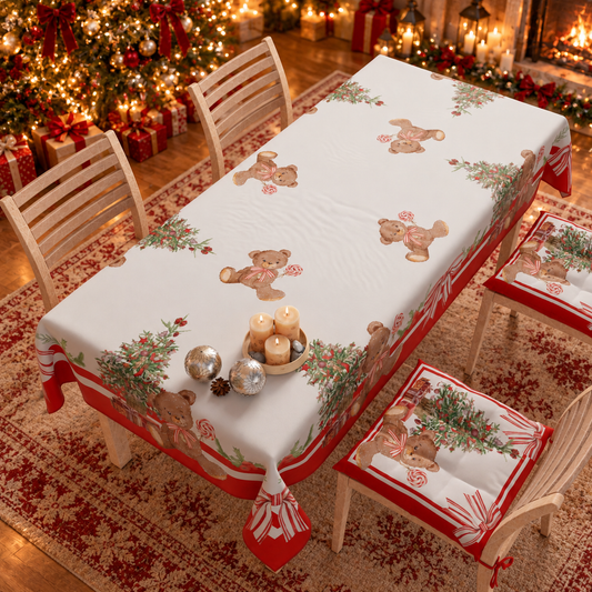Christmas Tablecloth, Stain Resistant Tablecloth, Teddy Bear Kitchen Table Cover