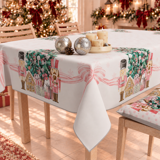Christmas Tablecloth, Stain Resistant Tablecloth, Pink Soldiers Kitchen Table Cover
