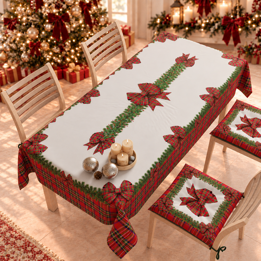 Tovaglia Natalizia, Tovaglia da tavola Antimacchia, Copritavolo da Cucina Fiocco Tartan, Fantasia Scozzese